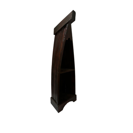 Handcrafted canoe-shaped display shelf in a dark stained wood finish, featuring two open shelves for displaying decorative accents, books, or collectibles, shown from a side angle against a white background.