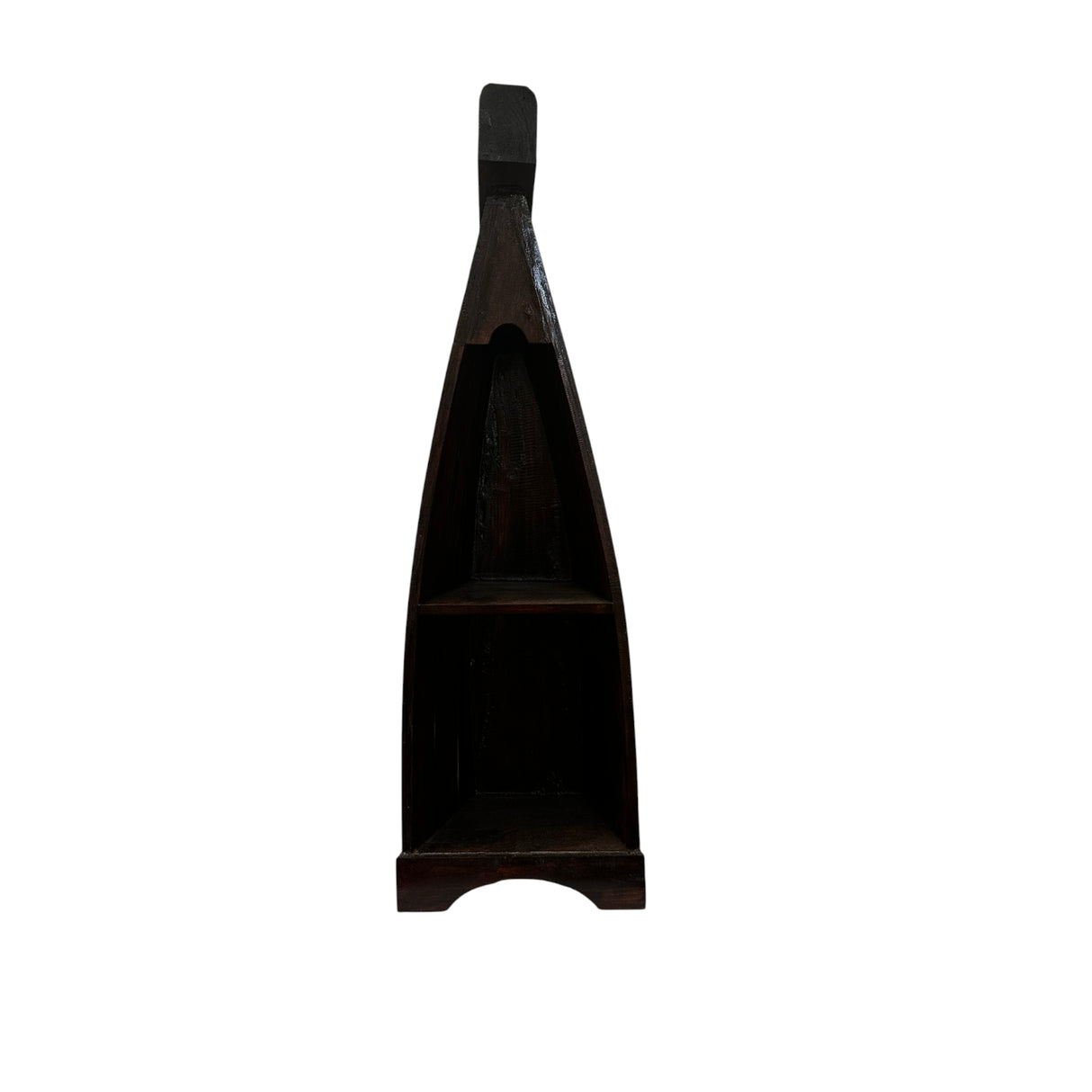 Handcrafted canoe-shaped display shelf in a dark stained wood finish, featuring two open storage shelves with a tall tapered silhouette, shown from the front against a white background.