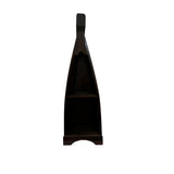 Handcrafted canoe-shaped display shelf in a dark stained wood finish, featuring two open storage shelves with a tall tapered silhouette, shown from the front against a white background.