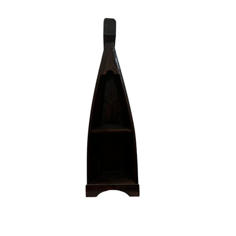Handcrafted canoe-shaped display shelf in a dark stained wood finish, featuring two open storage shelves with a tall tapered silhouette, shown from the front against a white background.