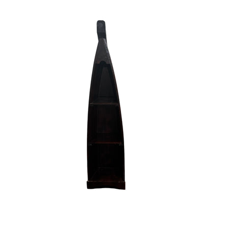 Handcrafted canoe-shaped display shelf in a dark stained wood finish, featuring three open shelves within a tall tapered silhouette, shown from the front against a white background.