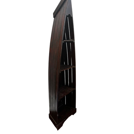 Handcrafted canoe-shaped display shelf in a dark stained wood finish, featuring three open display shelves within a tall tapered silhouette, shown from an angled side view against a white background.