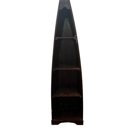 Handcrafted canoe-shaped display shelf in a dark stained wood finish, featuring four open display shelves within a tall tapered silhouette, shown from the front against a white background.
