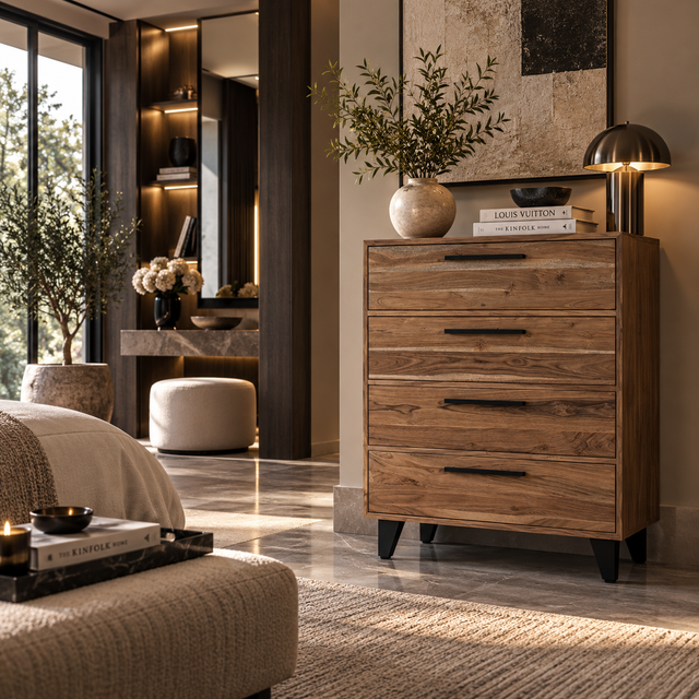 A wooden chest of drawers with five drawers and black metal handles, styled in a modern, warm-toned bedroom next to a bed and vanity area.
