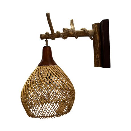 Rustic handwoven rattan wall sconce featuring a teardrop-shaped woven shade suspended from a natural driftwood arm wrapped with rope. A warm, organic lighting fixture that adds texture and character to coastal, bohemian, or contemporary interiors.