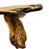 Close-up of a rustic live edge teak bench showcasing the natural wood grain, organic edge profile, and sculptural solid timber leg, highlighting handcrafted craftsmanship and natural beauty.