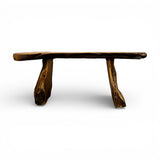 Rustic live edge wooden bench handcrafted from solid natural timber, featuring an organic slab seat and sculptural log legs, perfect for entryways, patios, gardens, or contemporary rustic interiors.
