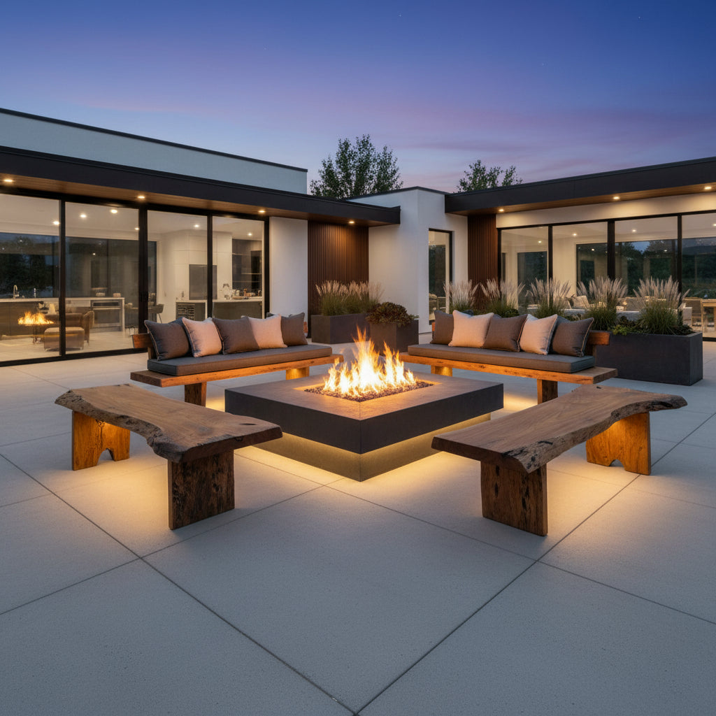 Rustic live edge wooden outdoor bench with a natural timber finish, showcased around a modern fire pit in a contemporary courtyard, ideal for luxury patios, gardens, and outdoor entertaining areas.