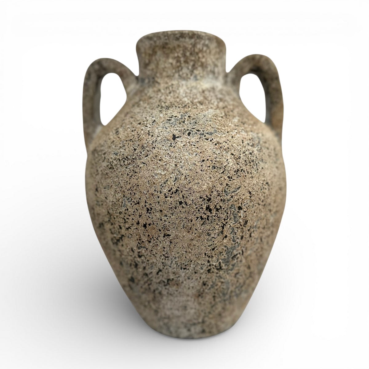 Rustic stone-effect amphora vase with a textured weathered finish, rounded body, narrow neck, and twin loop handles, perfect for displaying dried botanicals or adding timeless Mediterranean-inspired elegance to contemporary, rustic, or organic interiors.