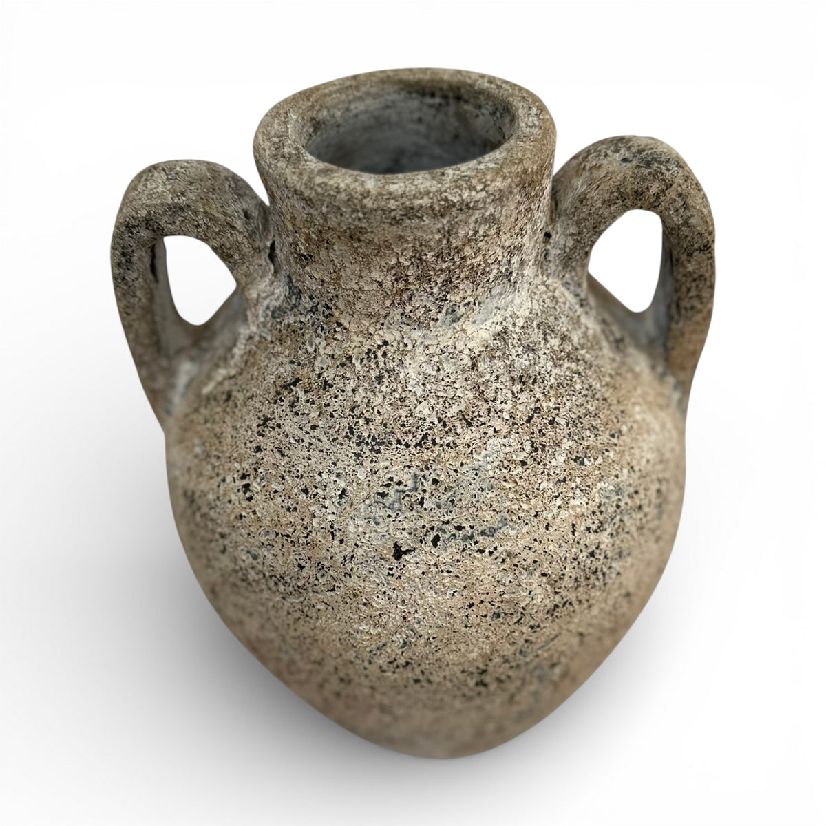 Rustic stone-effect amphora vase with a textured weathered finish, rounded body, narrow neck, and twin loop handles, perfect for displaying dried botanicals or adding timeless Mediterranean-inspired elegance to contemporary, rustic, or organic interiors.