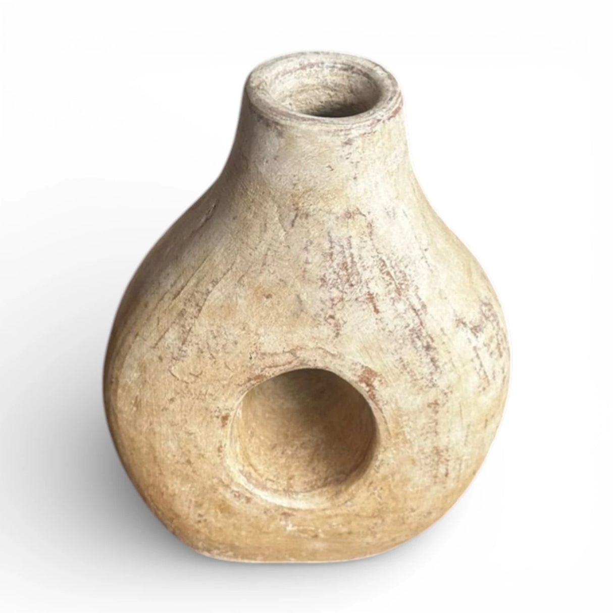 Rustic terracotta decorative vase featuring a rounded silhouette, narrow neck, and circular cut-out detail with a weathered natural finish. A handcrafted statement piece perfect for shelves, consoles, and tabletops in boho, Mediterranean, rustic, and contemporary home interiors.