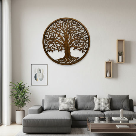 Round Tree of Life wall art crafted from carved wood in a warm walnut finish, featuring intricate branches and roots within a circular frame, perfect for adding a timeless natural accent to living rooms, bedrooms, offices, or entryways.