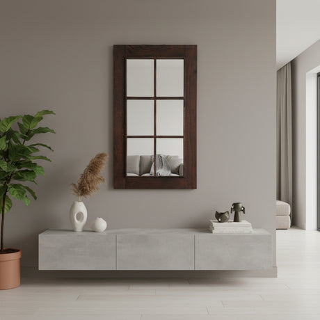 Rustic rectangular wall mirror featuring a dark stained solid wood frame with six windowpane-style mirrored panels, adding farmhouse charm and timeless character to any interior.
