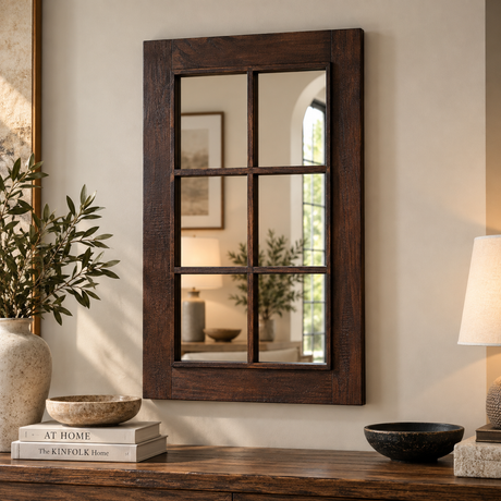 A dark brown wooden wall mirror with a six-pane grid design, styled on a wooden console table against a beige wall with decorative books, a plant, and a lamp.