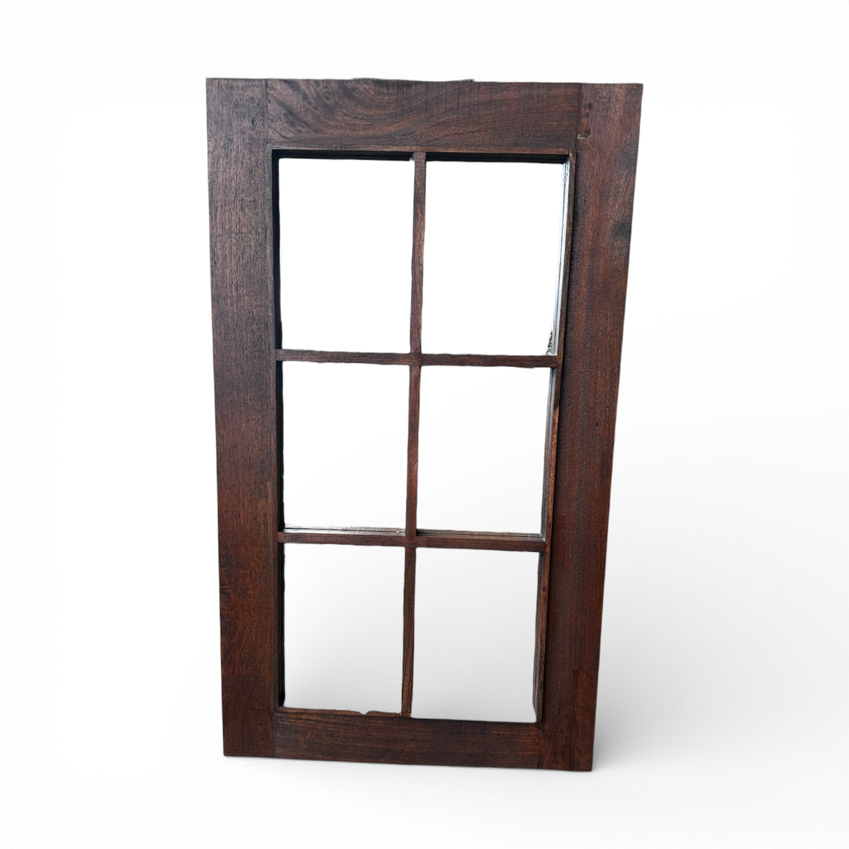 Rustic rectangular wall mirror featuring a dark stained solid wood frame with six windowpane-style mirrored panels, adding farmhouse charm and timeless character to any interior.