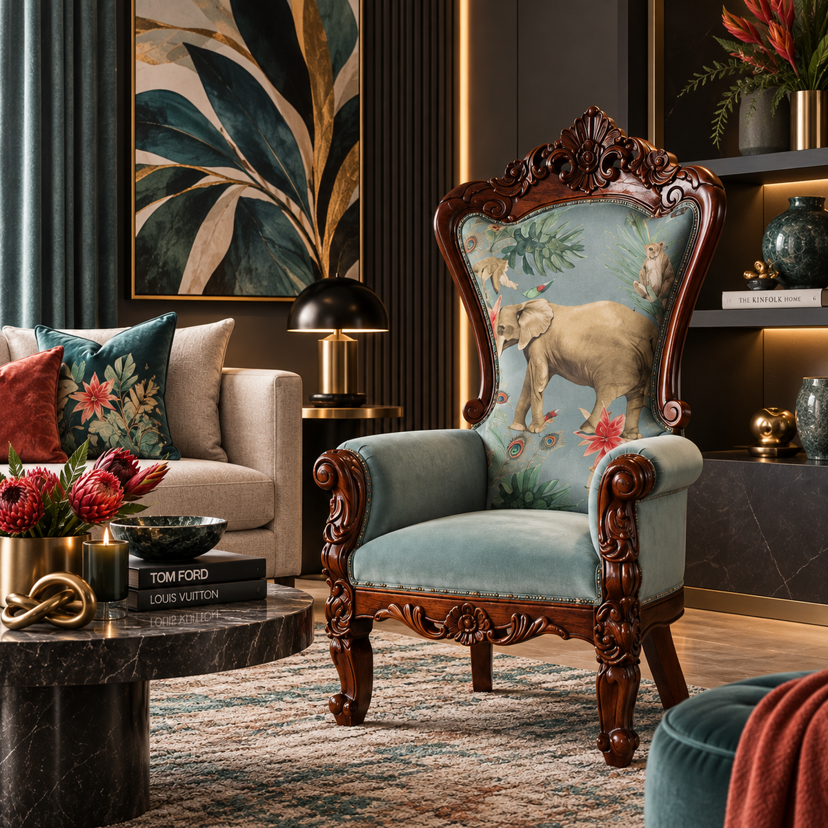 An ornate high-back armchair with carved dark wood framing and a light blue fabric backrest featuring an elephant and floral print, styled in a luxurious modern living room.