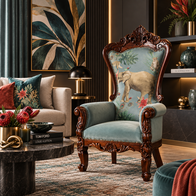 An ornate high-back armchair with carved dark wood framing and a light blue fabric backrest featuring an elephant and floral print, styled in a luxurious modern living room.