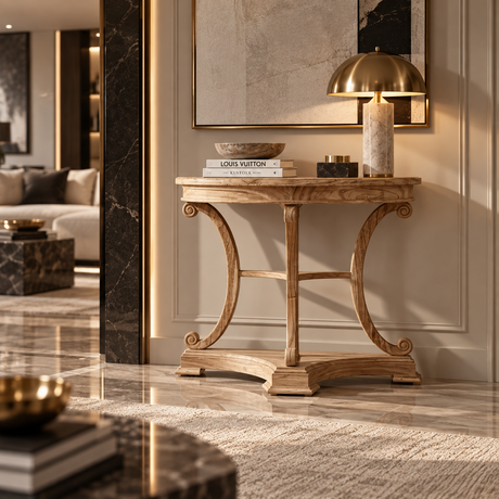 An elegant carved wooden console table in a warm beige and brown finish, styled with a brass dome lamp, books, and a bowl in a luxurious, modern living room setting.