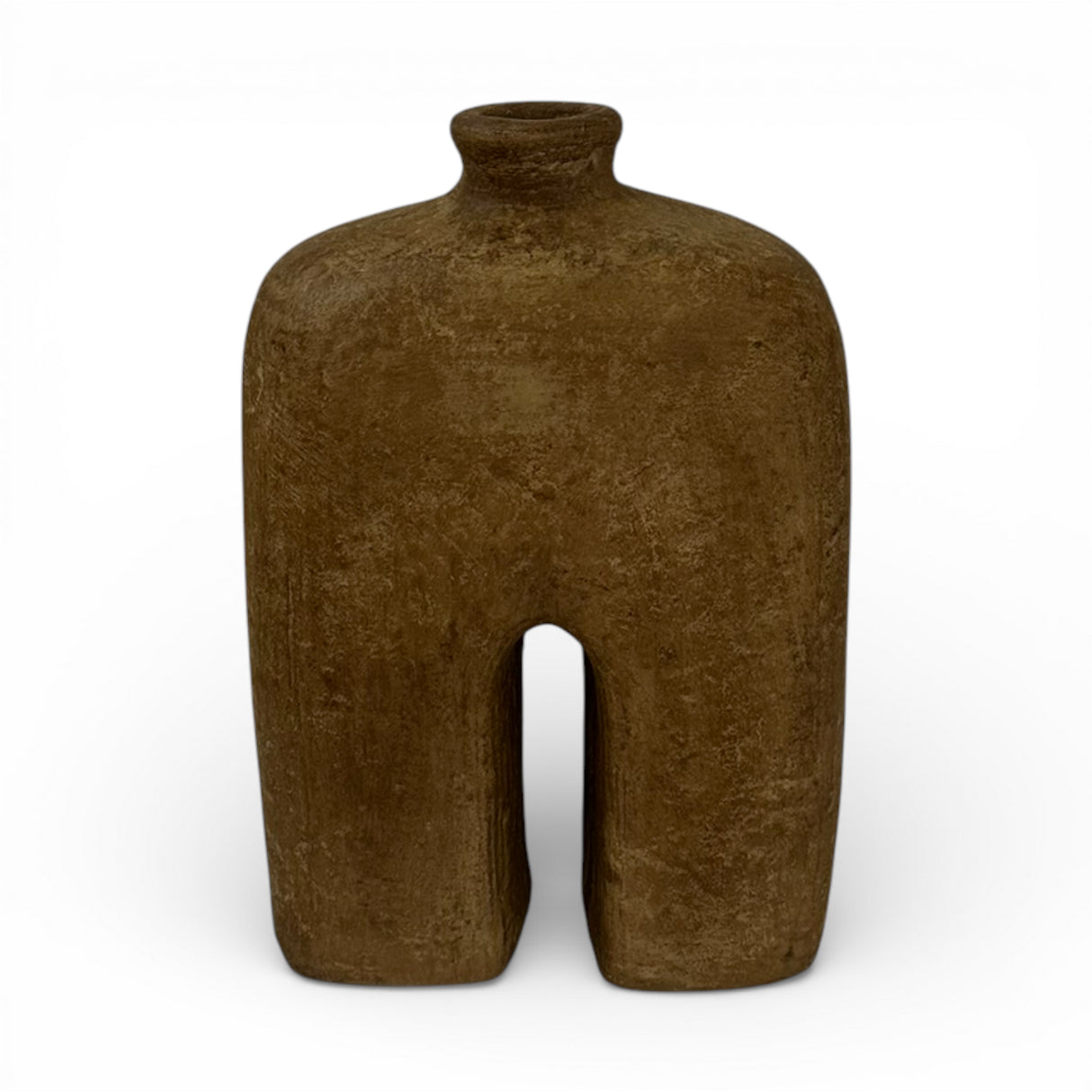 Sculptural stoneware vase with a rich earthy brown finish, featuring a minimalist arched silhouette, narrow neck, and textured handcrafted surface. A modern decorative vase that adds warmth, organic character, and contemporary style to shelves, console tables, coffee tables, or styled interiors.