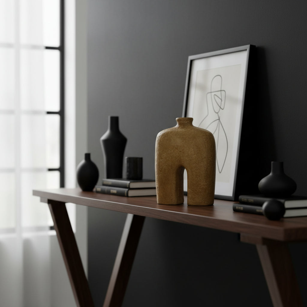 Sculptural stoneware vase with a warm earthy finish, featuring a minimalist arched silhouette, narrow neck, and textured handcrafted surface. A contemporary decorative vase that brings organic warmth and modern elegance to shelves, console tables, coffee tables, or styled interiors.