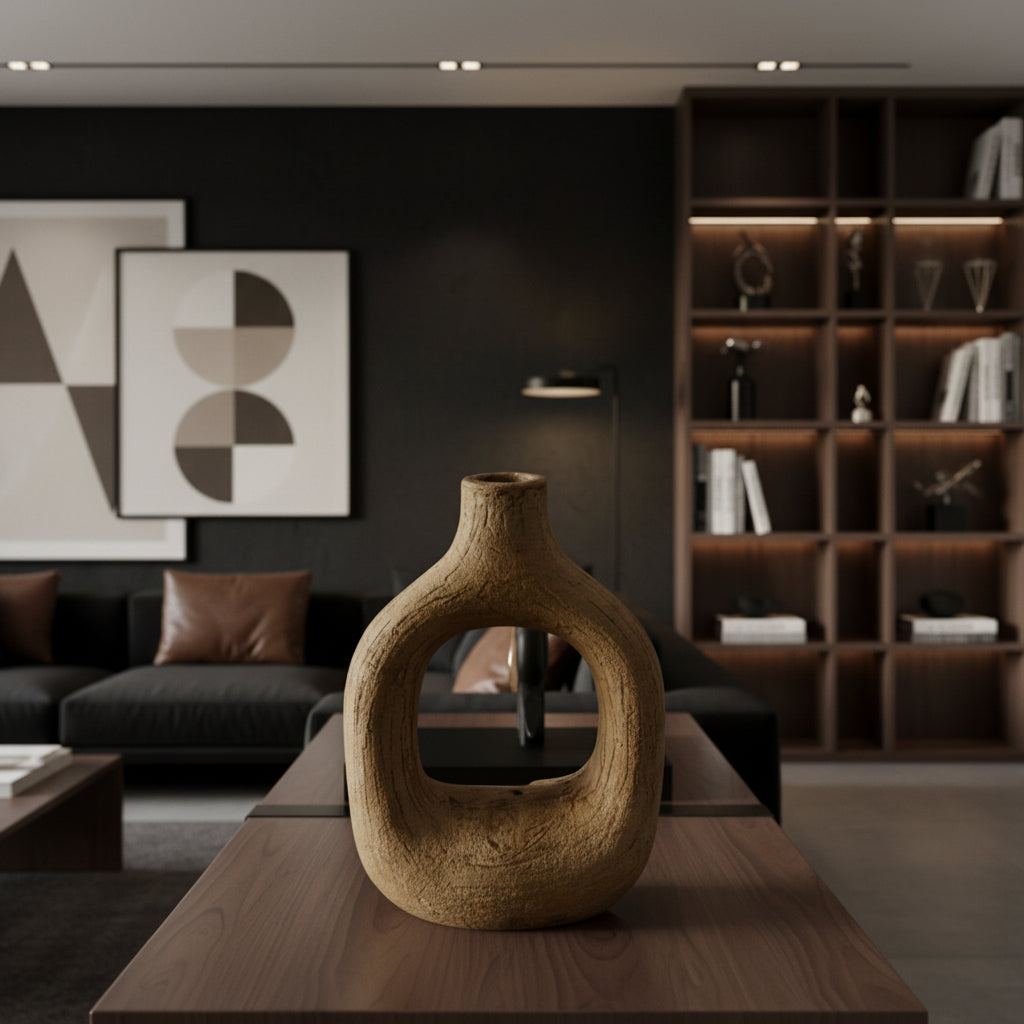 Sculptural stoneware vase with a warm earthy finish, featuring a rounded organic silhouette, large oval cut-out centre, and narrow neck. Styled on a modern coffee table, this handcrafted decorative vase adds natural texture and contemporary elegance to living spaces.