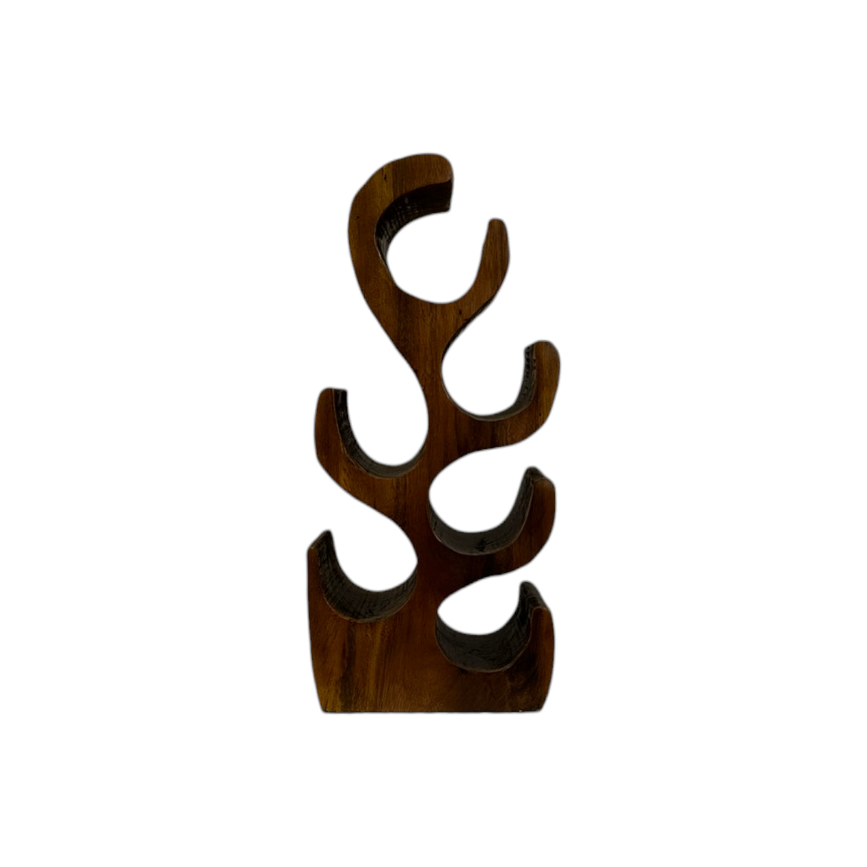 Sculptural handcrafted teak wood wine rack with a modern organic design, featuring six curved bottle holders and a rich natural wood finish. A functional statement piece for displaying wine bottles in contemporary kitchens, dining rooms, or home bars.