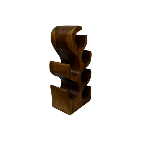 Sculptural handcrafted teak wood wine rack with a modern organic design, featuring six curved bottle holders and a rich natural wood finish. A functional statement piece for displaying wine bottles in contemporary kitchens, dining rooms, or home bars.