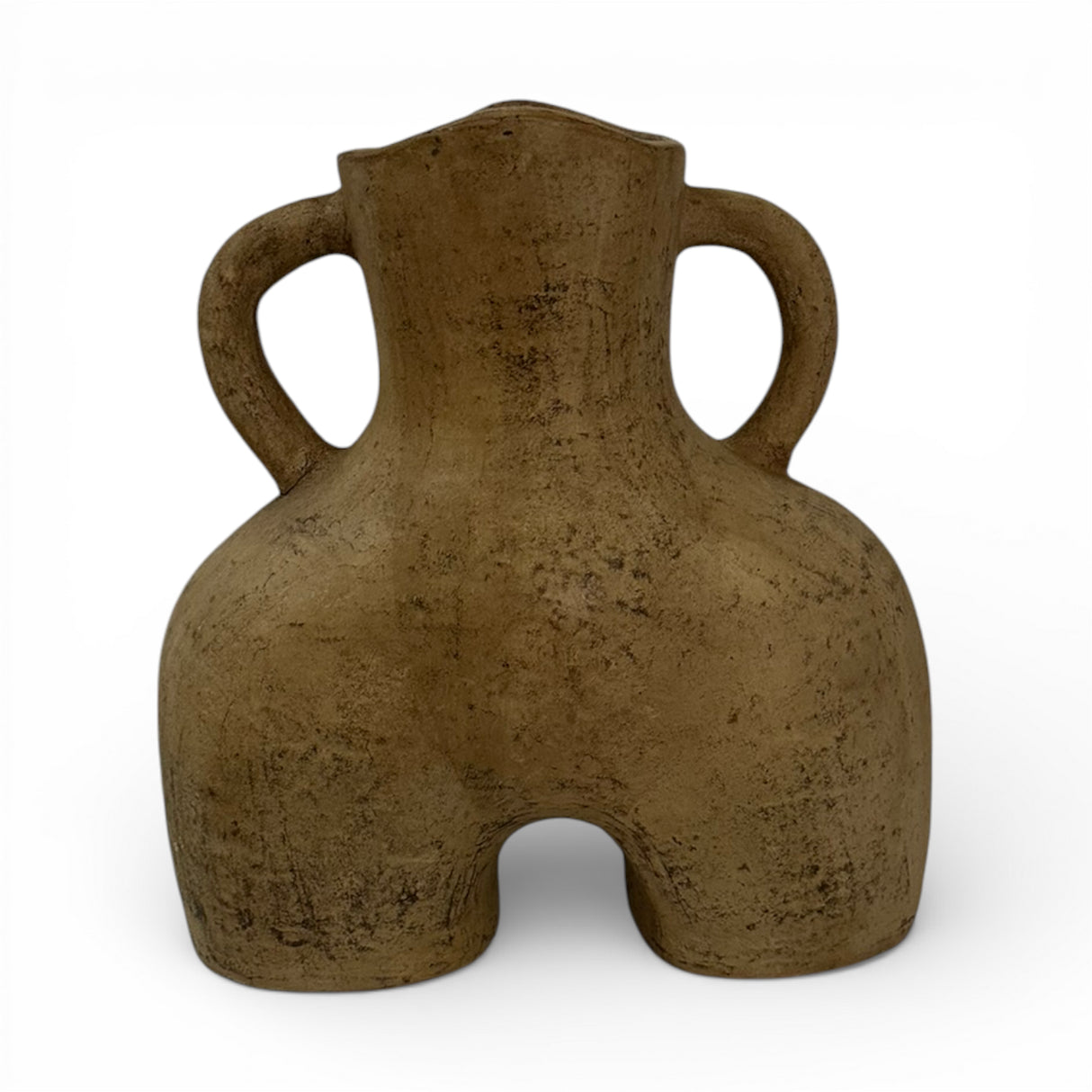 Handcrafted sculptural terracotta amphora vase with a textured earthy finish, rounded body, two curved handles, and a distinctive open-base silhouette. A contemporary statement décor piece ideal for consoles, coffee tables, shelves, or styled as a standalone accent.