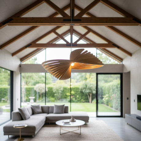 Sculptural wooden spiral pendant light featuring layered curved slats that create a flowing organic form with warm ambient illumination. A striking designer ceiling light for modern, Scandinavian, Japandi, minimalist, and luxury interiors.