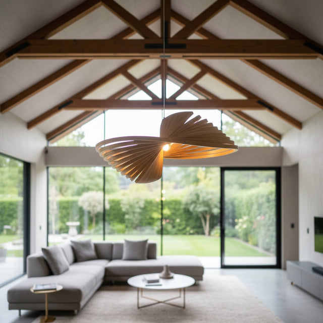 Sculptural wooden spiral pendant light featuring layered curved slats that create a flowing organic form with warm ambient illumination. A striking designer ceiling light for modern, Scandinavian, Japandi, minimalist, and luxury interiors.