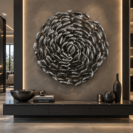A large circular metallic wall sculpture made of layered fish-shaped elements, displayed on a beige wall above a dark console table in a modern interior setting.