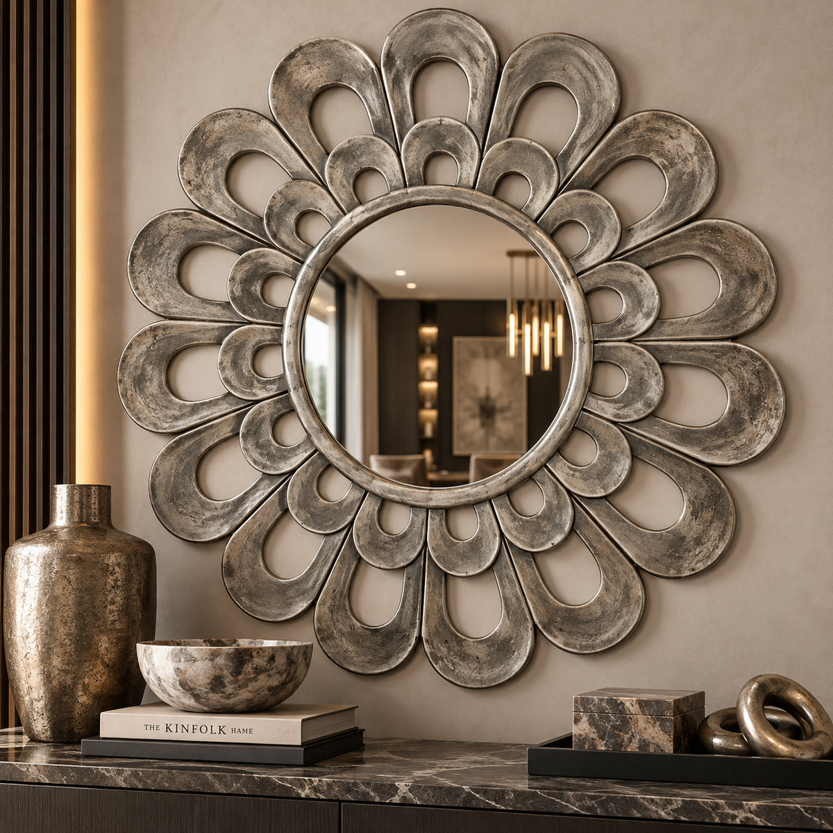 A large decorative wall mirror with a sunburst petal design in a distressed silver finish, mounted on a beige wall above a console table with decorative vases and books.