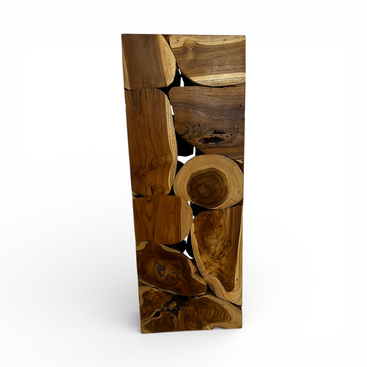 Handcrafted decorative pedestal made from solid teak wood blocks, showcasing rich natural grain, organic knots, and a contemporary stacked design. Perfect as a display plinth for sculptures, vases, plants, or decorative accessories in living rooms, entryways, galleries, boutique hotels, or modern rustic interiors.
