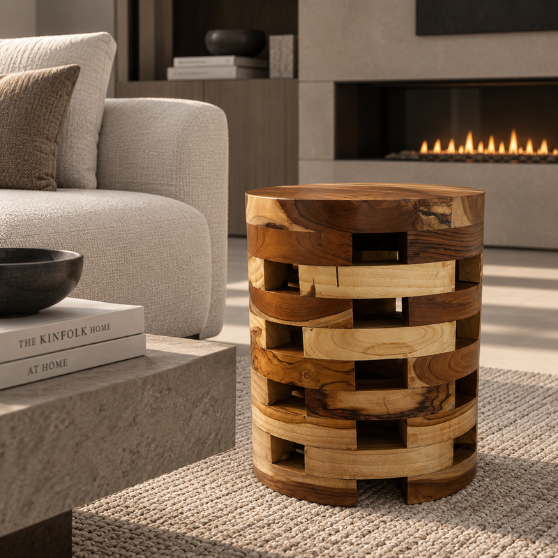 A round wooden stool with a woven, interlocking block design made from multiple natural wood tones, placed on a textured rug in a modern living room next to a sofa and fireplace.