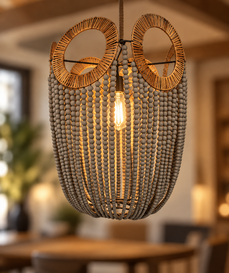 A hanging pendant light fixture with a woven circular top, a central exposed bulb, and many dangling gray beads forming a basket-like shade, shown in a softly blurred indoor room.
