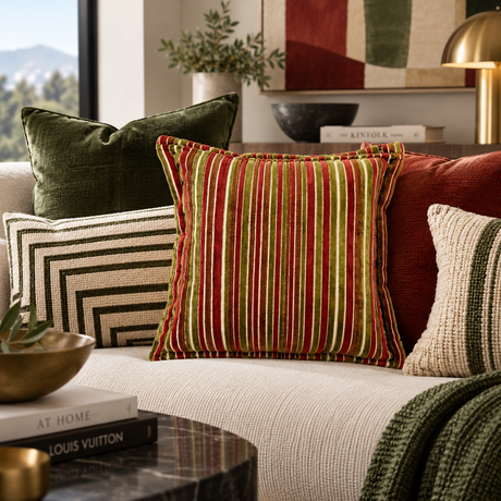 A styled living room scene showing a set of decorative throw pillows on a cream sofa. The central pillow is a square velvet pillow with vertical stripes in red, olive green, and gold.