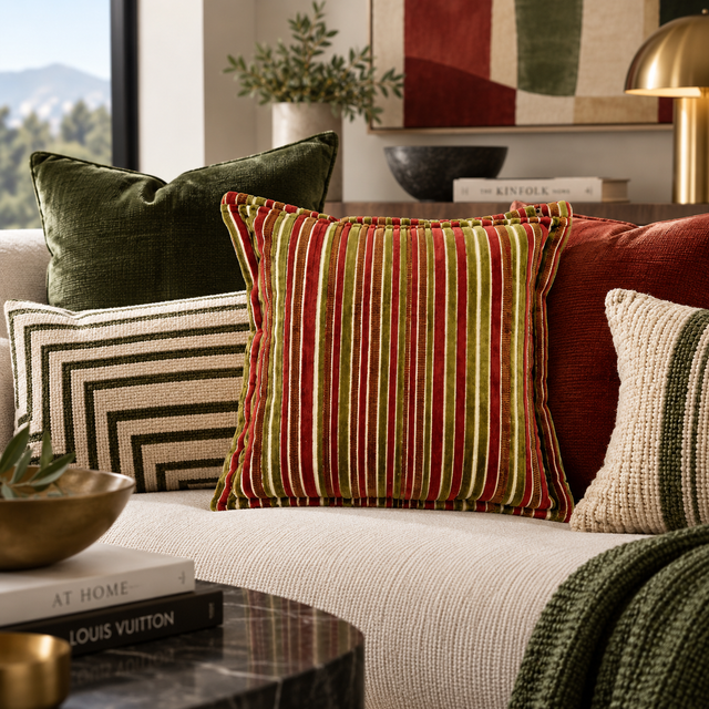 A styled living room scene showing a set of decorative throw pillows on a cream sofa. The central pillow is a square velvet pillow with vertical stripes in red, olive green, and gold.