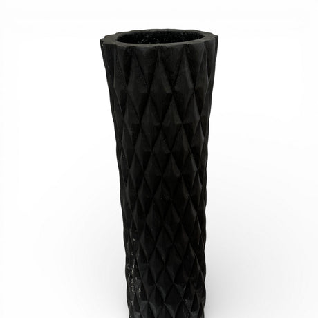 Tall decorative floor vase featuring a matte black finish with an embossed geometric diamond pattern. Its contemporary design makes it ideal for displaying dried botanicals, pampas grass, or decorative branches in living rooms, entryways, boutique hotels, offices, or modern interiors.