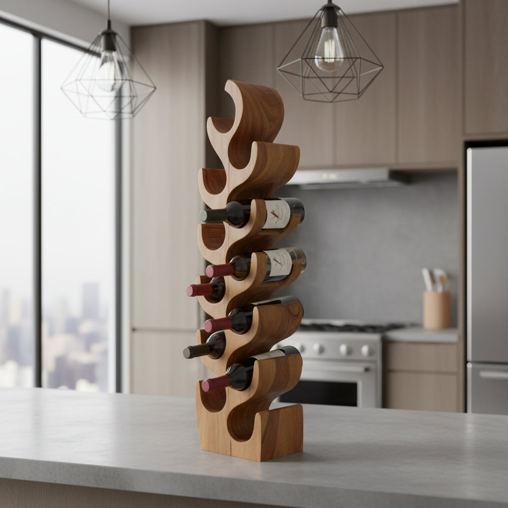 Tall handcrafted teak wood wine rack with a flowing sculptural design, displayed with wine bottles on a modern kitchen countertop. Featuring ten curved bottle holders and a warm natural wood finish, this elegant wine rack combines practical storage with contemporary décor.