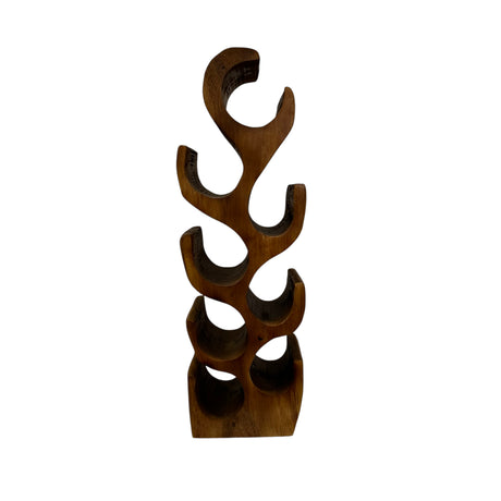 Tall handcrafted teak wood wine rack with a sculptural organic design, featuring eight curved bottle holders and a rich natural wood finish. A functional statement piece for displaying wine bottles in contemporary kitchens, dining rooms, or home bars.