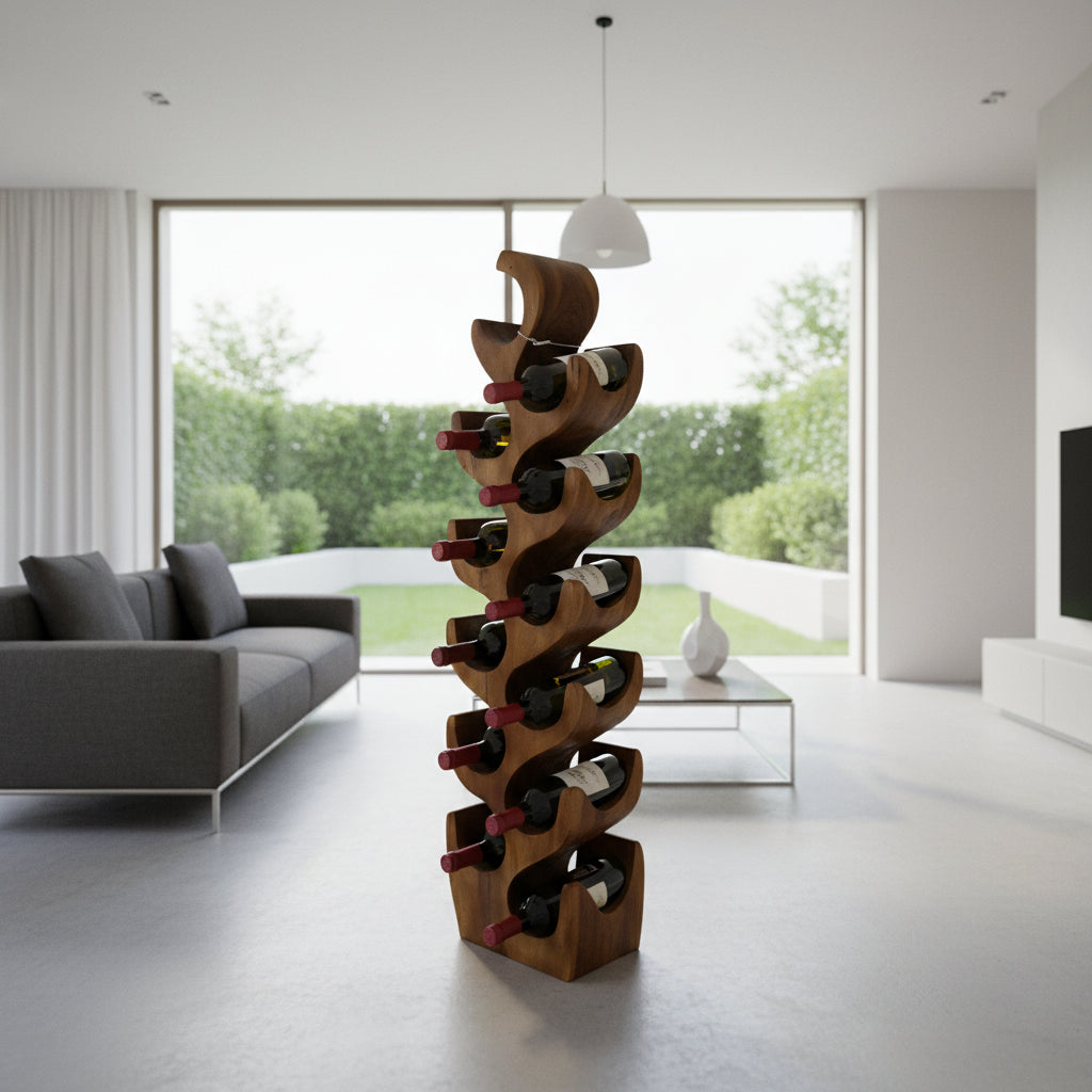 Tall handcrafted teak wood wine rack with a striking sculptural design, displayed with wine bottles in a modern kitchen. Featuring ten curved bottle holders and a rich natural wood finish, this elegant storage piece blends functional wine organization with contemporary décor.