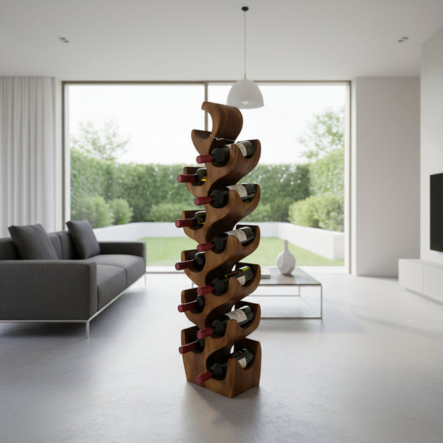 Tall handcrafted teak wood wine rack with a striking sculptural design, displayed with wine bottles in a modern kitchen. Featuring ten curved bottle holders and a rich natural wood finish, this elegant storage piece blends functional wine organization with contemporary décor.
