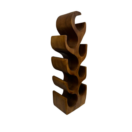 Tall handcrafted teak wood wine rack with a sculptural organic design, featuring eight curved bottle holders and a rich natural wood finish. A functional statement piece for displaying wine bottles in contemporary kitchens, dining rooms, or home bars.