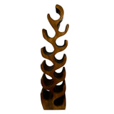 Tall handcrafted teak wood wine rack featuring a flowing sculptural design with ten curved bottle holders and a warm natural wood finish. A striking storage solution that combines functionality with contemporary style for kitchens, dining rooms, or home bars.