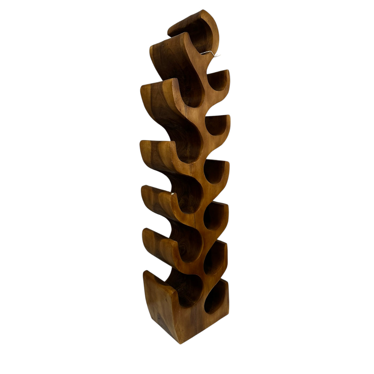 Tall handcrafted teak wood wine rack with a flowing sculptural silhouette, featuring ten curved bottle holders and a rich natural wood finish. An elegant statement piece that combines artistic design with practical wine storage for modern kitchens, dining rooms, or home bars.