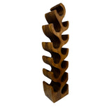 Tall handcrafted teak wood wine rack with a flowing sculptural silhouette, featuring ten curved bottle holders and a rich natural wood finish. An elegant statement piece that combines artistic design with practical wine storage for modern kitchens, dining rooms, or home bars.