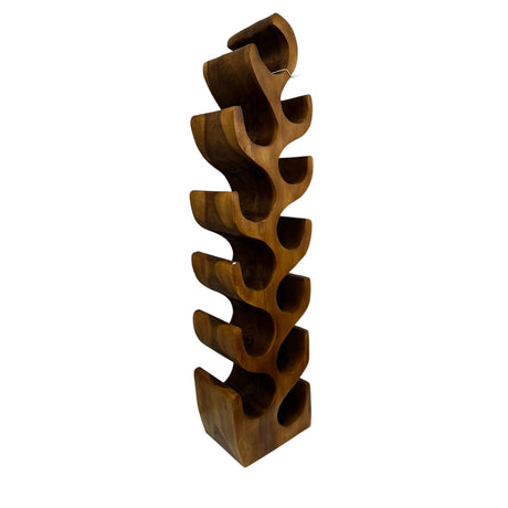 Tall handcrafted teak wood wine rack with a flowing sculptural silhouette, featuring ten curved bottle holders and a rich natural wood finish. An elegant statement piece that combines artistic design with practical wine storage for modern kitchens, dining rooms, or home bars.