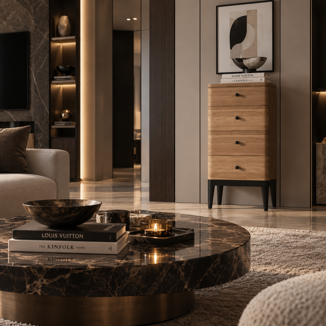 A luxury modern living room featuring a round dark marble coffee table with a brushed gold base, styled with books and candles. In the background, a light oak wood three-drawer cabinet with black legs stands against a neutral beige wall.