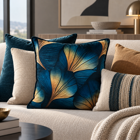 A decorative throw pillow with a blue and gold ginkgo leaf pattern, styled on a beige sofa alongside other neutral-toned pillows in a modern living room setting.