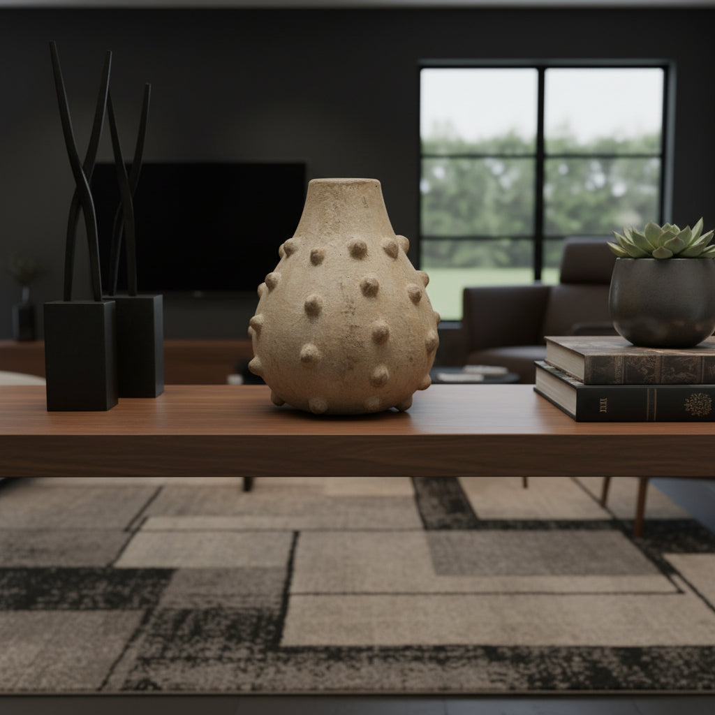 Textured stoneware bobble vase in a natural sand finish, styled on a wooden console table in a contemporary living room. Featuring a rounded silhouette, raised bobble detailing, and an organic handcrafted look, this sculptural vase adds warmth and texture to modern interiors.